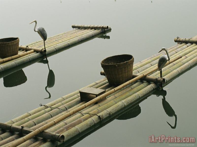Bamboo Rafts with Heron Artwork And Baskets on a Calm Lake painting - Raymond Gehman Bamboo Rafts with Heron Artwork And Baskets on a Calm Lake Art Print