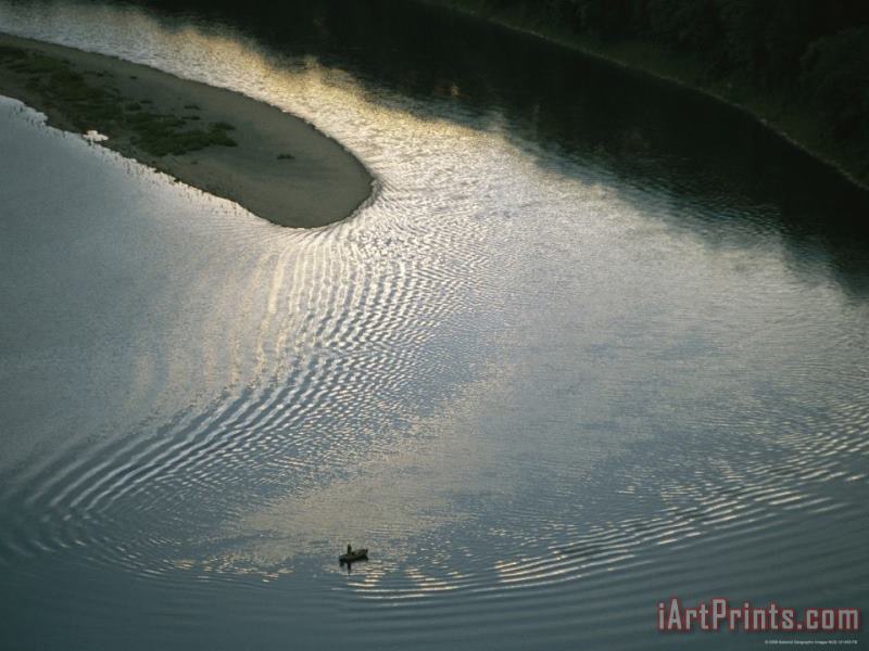 Raymond Gehman Birds Eye View of a Fishing Boat Encircled by Ripples From Its Wake Art Print