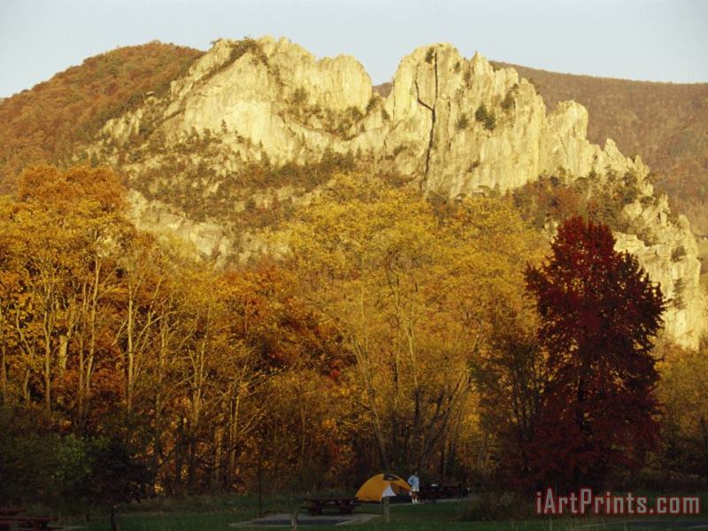 Campers at Their Tent at The Base of a 900 Foot High Seneca Rocks painting - Raymond Gehman Campers at Their Tent at The Base of a 900 Foot High Seneca Rocks Art Print