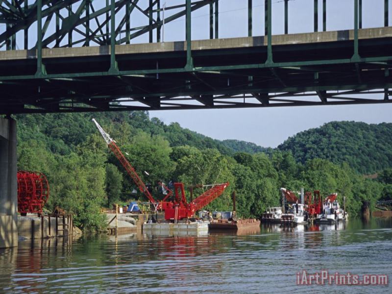 Raymond Gehman Construction Site And Equipment Near a Bridge on The Kanawha River Art Painting