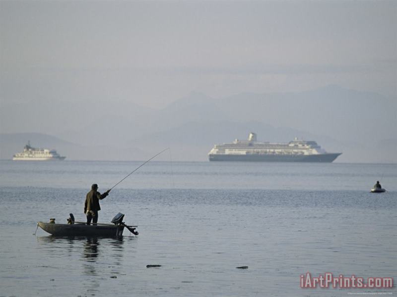 Cruise Ships Pass by a Man Out Fishing on a Hazy Morning painting - Raymond Gehman Cruise Ships Pass by a Man Out Fishing on a Hazy Morning Art Print