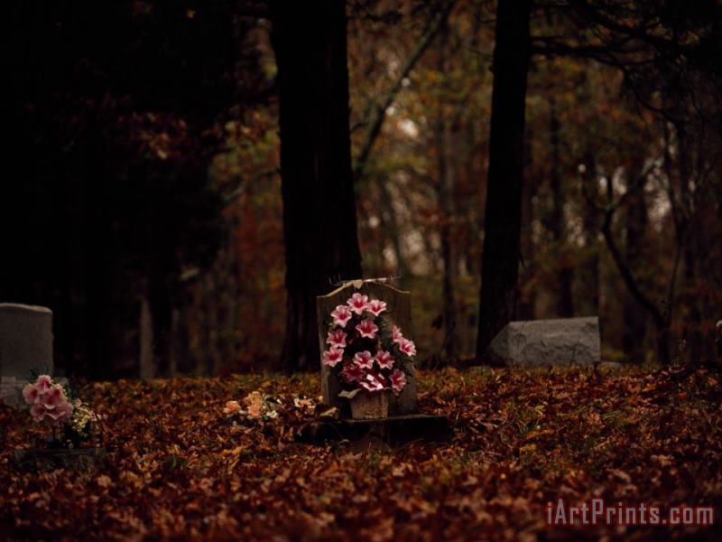 Flowers at a Tombstone in a Cemetery Near a Forest painting - Raymond Gehman Flowers at a Tombstone in a Cemetery Near a Forest Art Print