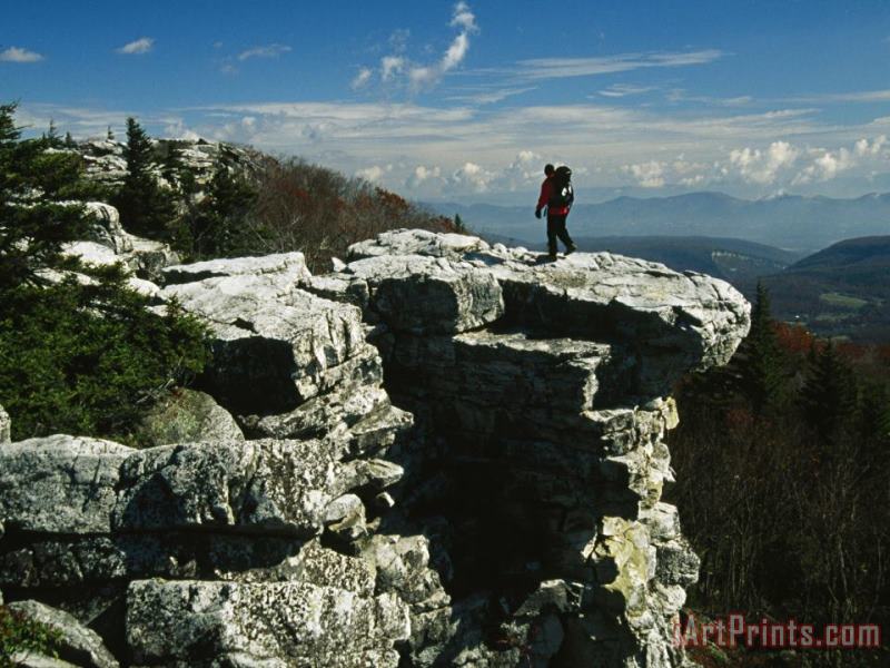 Raymond Gehman Hiker Standing at The Edge of a Rock Outcrop on a Mountain Art Painting