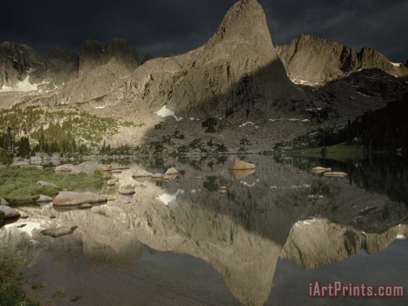 Raymond Gehman Lonesome Lake Mirrors The Play of Light And Shadow on Pingora Peak in The Cirque of The Towers Art Print