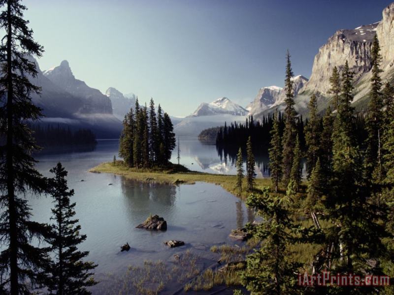 Maligne Lake Which Is The Largest And Deepest Lake in Jasper National Park painting - Raymond Gehman Maligne Lake Which Is The Largest And Deepest Lake in Jasper National Park Art Print