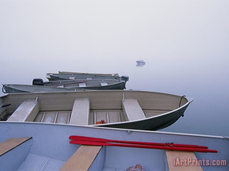 Raymond Gehman Morning Fog on Lake Mcdonald Keeps Rowboats at Anchor Art Painting