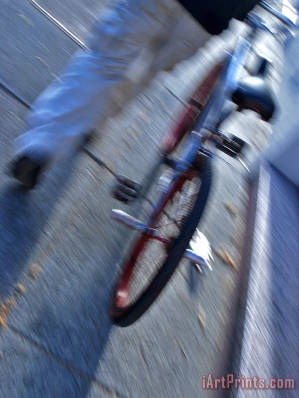 Raymond Gehman Person Walking with Bike Down City Street in San Francisco Art Painting