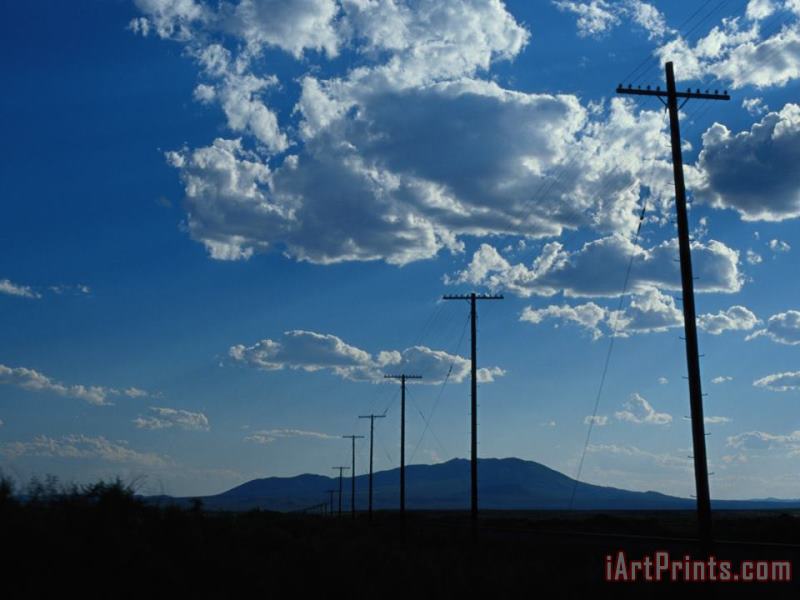 Raymond Gehman Silhouetted Telephone Poles Under Puffy Clouds Art Painting