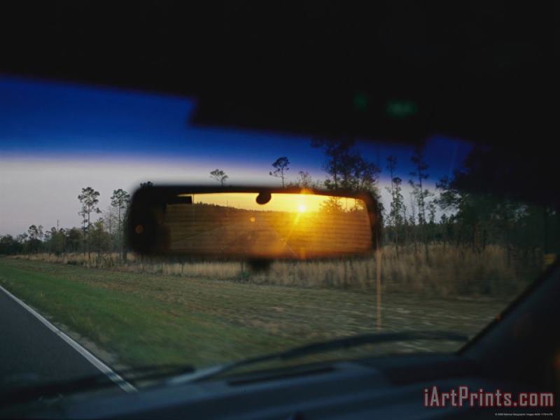 Raymond Gehman Sunrise Appears in a Drivers Rear View Mirror Art Painting