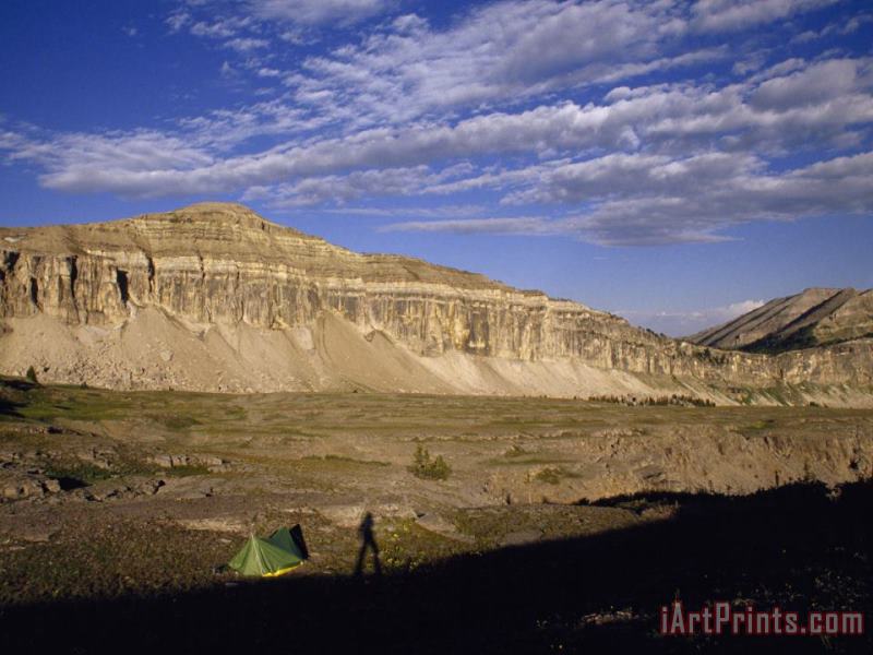 Raymond Gehman Sunrise on The Teton Crest Trail Illuminates Mount Meek And a Lone Backpacker And Tent Art Painting