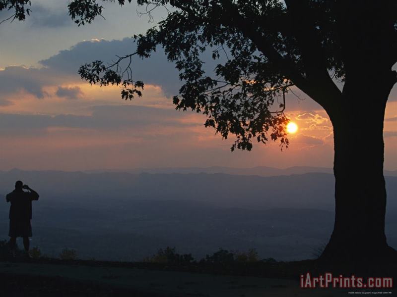 Raymond Gehman Sunset And Silhouetted Oak And Person Over The Shenandoah Valley Dickeys Ridge Visitors Center Art Painting