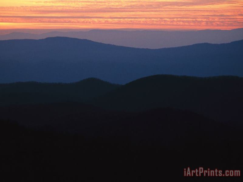 Sunset Over The Blue Ridge Mountains As Seen From Big Meadow painting - Raymond Gehman Sunset Over The Blue Ridge Mountains As Seen From Big Meadow Art Print