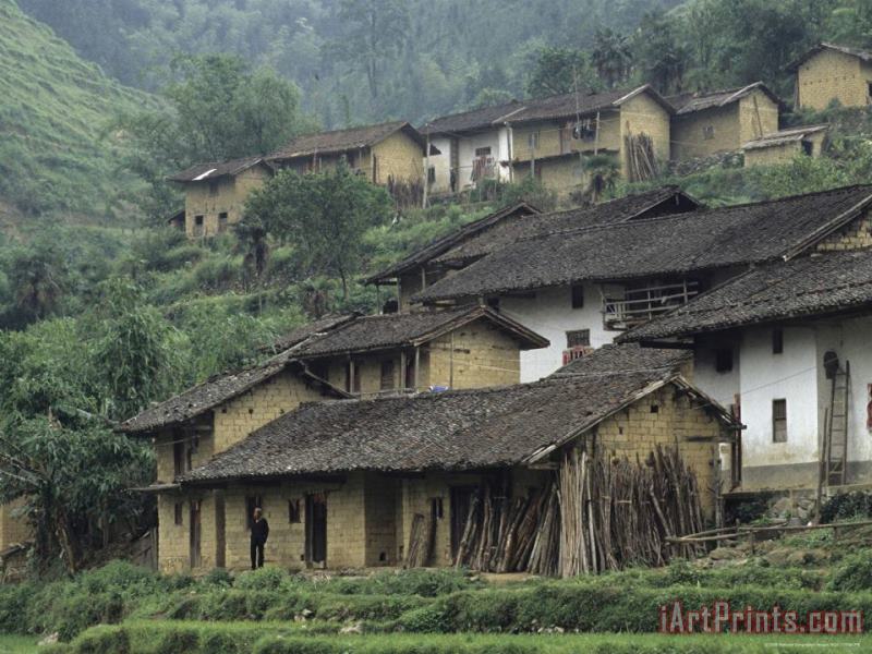 Terraced Village with Tiled Roofs And Mud Brick Houses Rice Fields Yang River Canyon painting - Raymond Gehman Terraced Village with Tiled Roofs And Mud Brick Houses Rice Fields Yang River Canyon Art Print