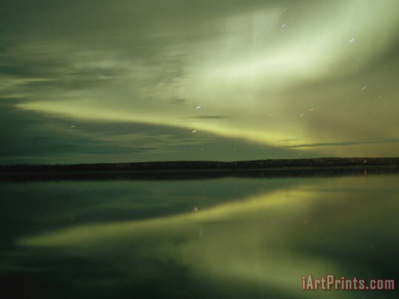 The Aurora Borealis Is Reflected Brightly in The Mackenzie River painting - Raymond Gehman The Aurora Borealis Is Reflected Brightly in The Mackenzie River Art Print