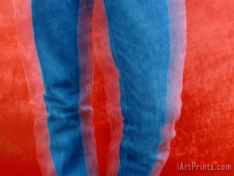 Raymond Gehman Vibrant Blue Jeans Against a Red Background Art Print
