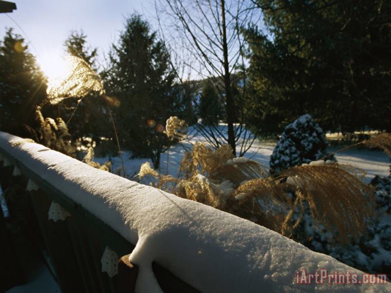 Raymond Gehman View Over a Snow Covered Railing of a Yard on a Sunny Winter Day Art Print