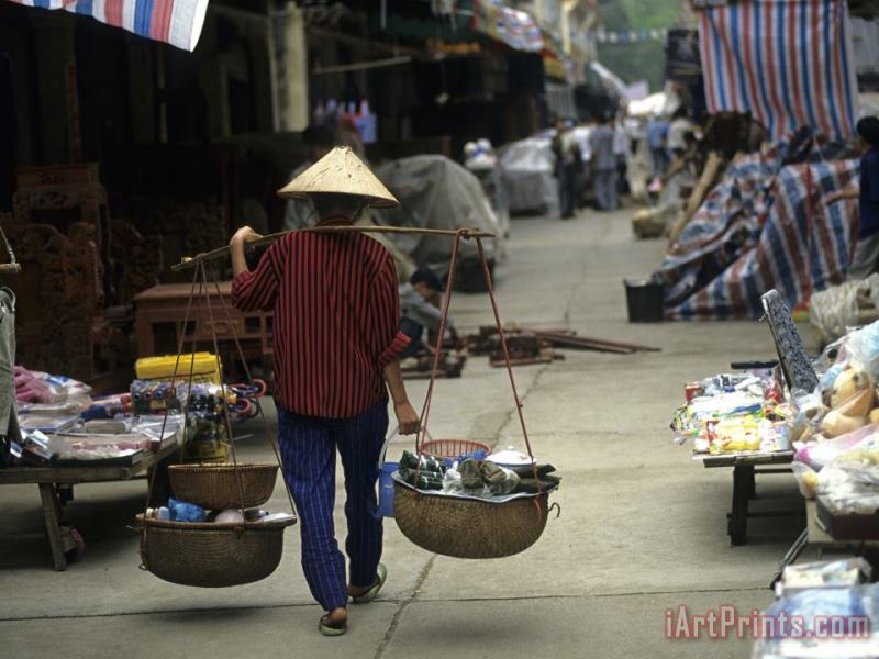 Raymond Gehman Woman with Bamboo Hat Carries Balanced Baskets Pingxiang Market Art Painting