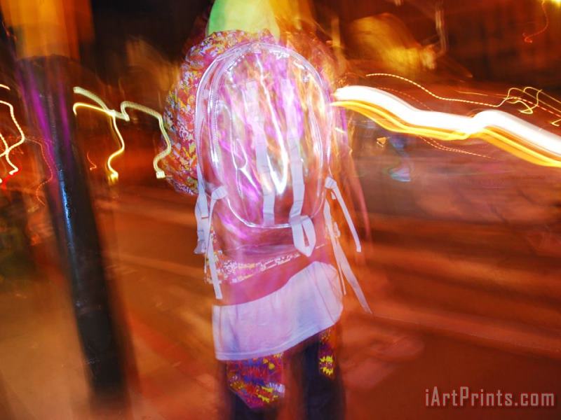 Young Person in Colorful Garb Walking a San Francisco Street at Night painting - Raymond Gehman Young Person in Colorful Garb Walking a San Francisco Street at Night Art Print