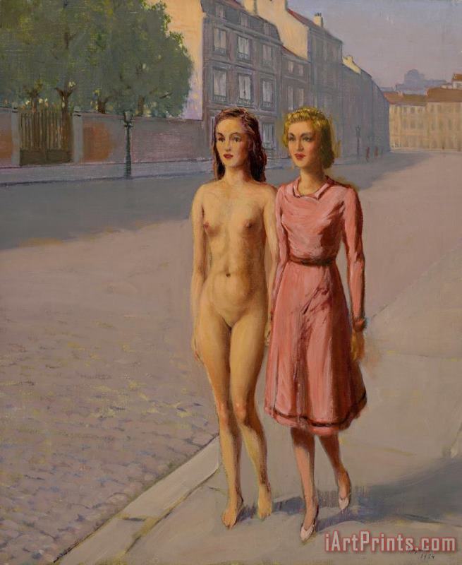 Untitled (two Girls Walking Along a Street) painting - rene magritte Untitled (two Girls Walking Along a Street) Art Print