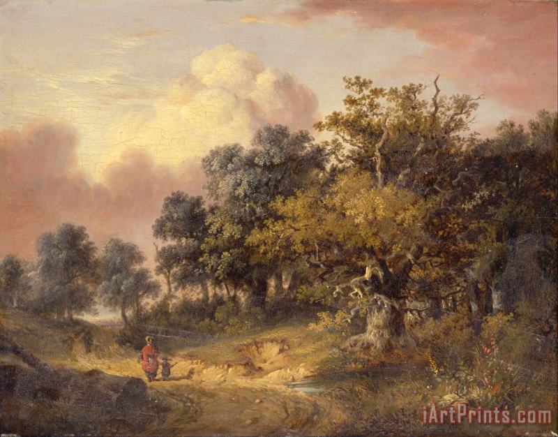 Robert Ladbrooke Wooded Landscape with Woman And Child Walking Down a Road Art Painting
