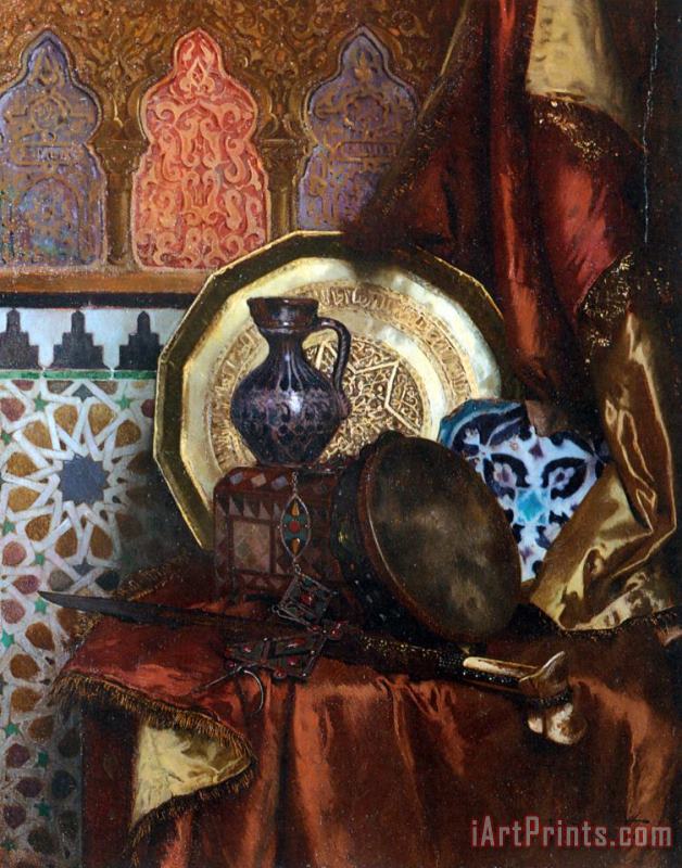 A Tambourine, Knife, Moroccan Tile And Plate on Satin Covered Table painting - Rudolf Ernst A Tambourine, Knife, Moroccan Tile And Plate on Satin Covered Table Art Print