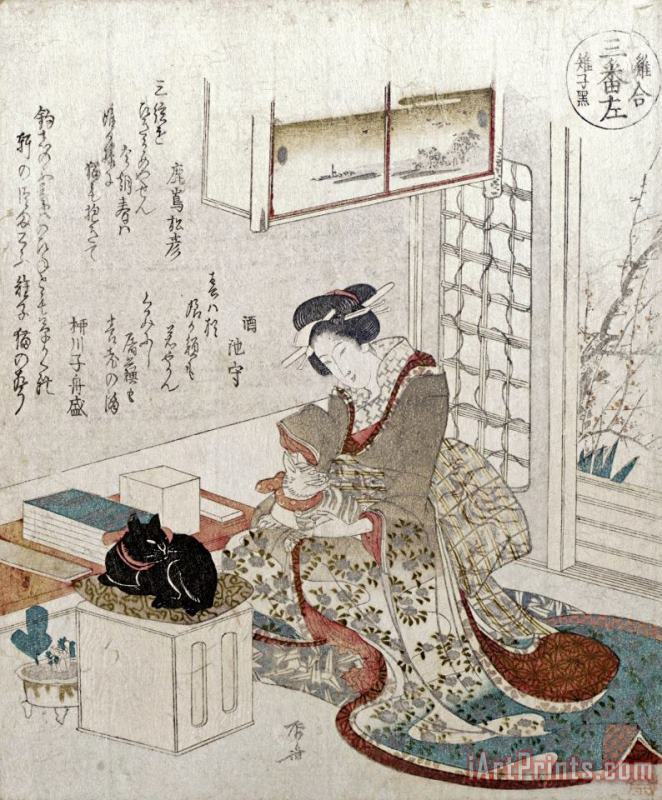 A Girl with Two Cats painting - Ryuryukyo Shinsai A Girl with Two Cats Art Print