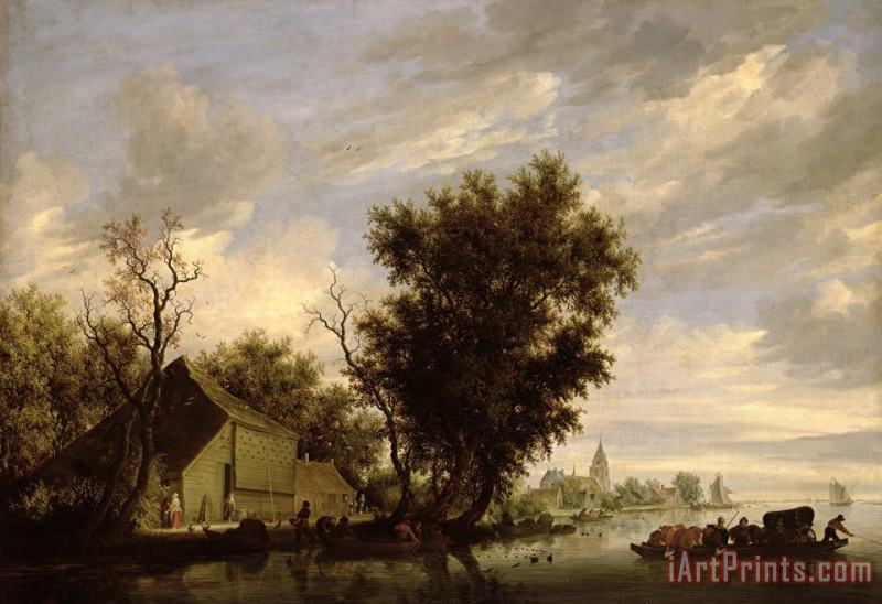 Salomon van Ruysdael River Scene with a Ferry Boat Art Painting