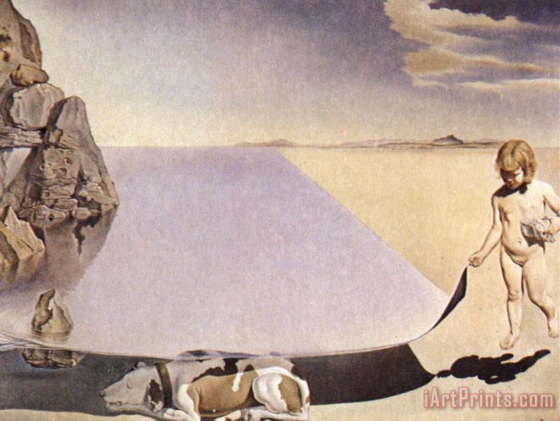 Dali at The Age of Six When He Thought He Was a Girl Lifting The Skin of The Water to See The painting - Salvador Dali Dali at The Age of Six When He Thought He Was a Girl Lifting The Skin of The Water to See The Art Print