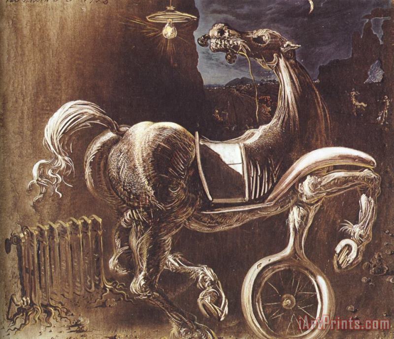 Debris of an Automobile Giving Birth to a Blind Horse Biting a Telephone painting - Salvador Dali Debris of an Automobile Giving Birth to a Blind Horse Biting a Telephone Art Print