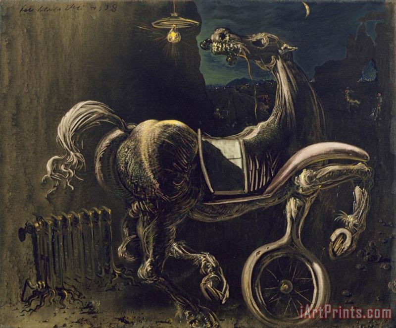 Debris of an Automobile Giving Birth to a Blind Horse Biting a Telephone. 1938 painting - Salvador Dali Debris of an Automobile Giving Birth to a Blind Horse Biting a Telephone. 1938 Art Print