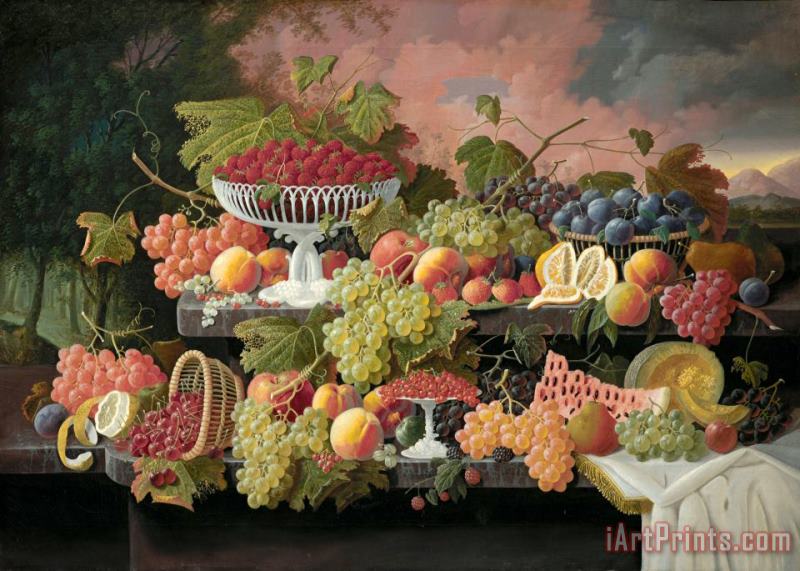 Severin Roesen Two Tiered Still Life with Fruit And Sunset Landscape Art Print