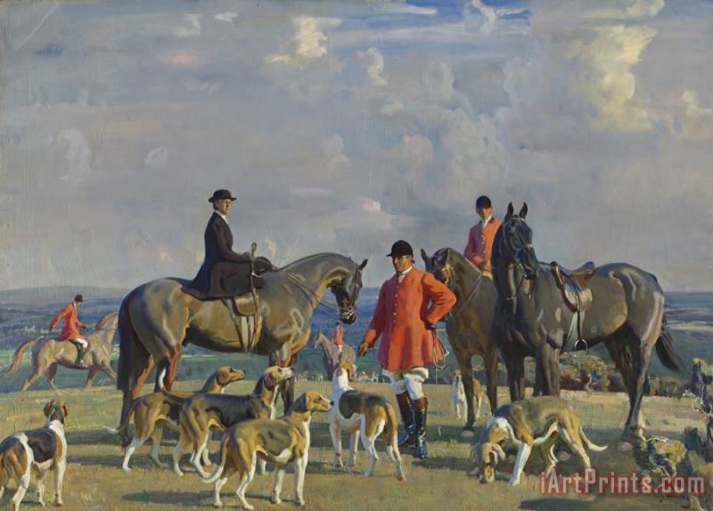 John J. Moubray, Master of Foxhounds, Dismounted with His Wife And Two Mounted Figures with The Bedale Hounds in a Landscape, 1920 painting - Sir Alfred James Munnings John J. Moubray, Master of Foxhounds, Dismounted with His Wife And Two Mounted Figures with The Bedale Hounds in a Landscape, 1920 Art Print