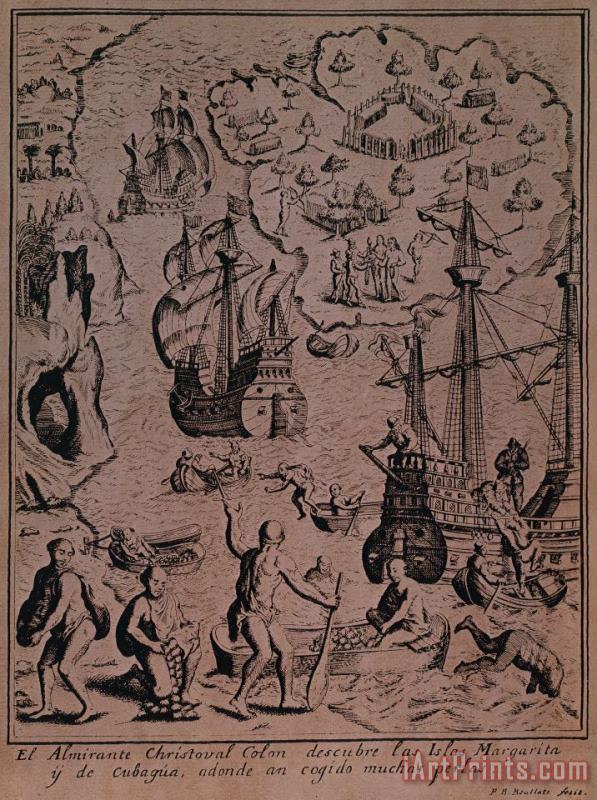 Christopher Colombus discovering the islands of Margarita and Cubagua where they found many pearls painting - Spanish School Christopher Colombus discovering the islands of Margarita and Cubagua where they found many pearls Art Print