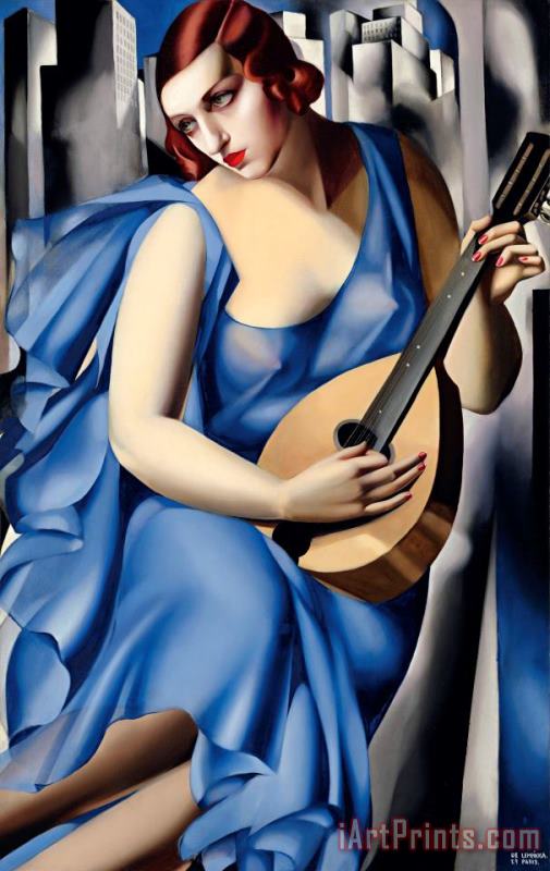 Woman in Blue with Guitar painting - tamara de lempicka Woman in Blue with Guitar Art Print