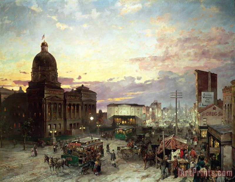 Theodor Groll Washington Street Indianapolis at Dusk Art Painting