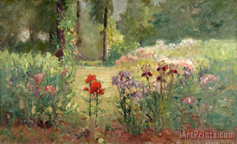 Iris & Trees (in The Flower Garden) painting - Theodore Clement Steele Iris & Trees (in The Flower Garden) Art Print