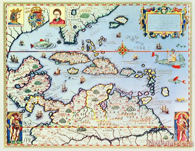 Theodore de Bry Map of the Caribbean islands and the American state of Florida Art Print