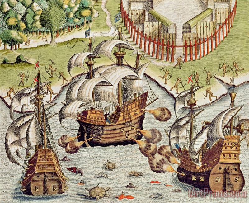 Theodore de Bry Naval Battle between the Portuguese and French in the Seas off the Potiguaran Territories Art Print