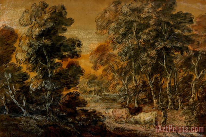 Wooded Landscape With Herdsman And Cattle painting - Thomas Gainsborough Wooded Landscape With Herdsman And Cattle Art Print