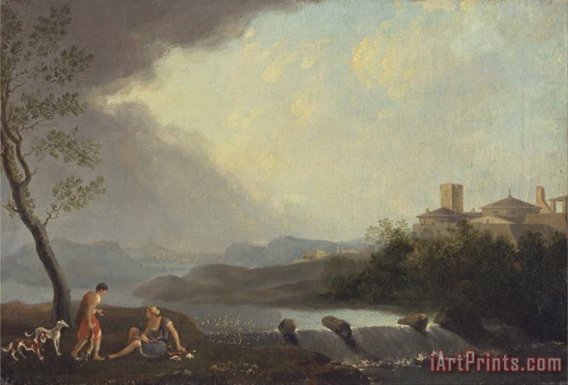 Thomas Jones An Imaginary Italianate Landscape with Classical Figures And a Waterfall Art Print