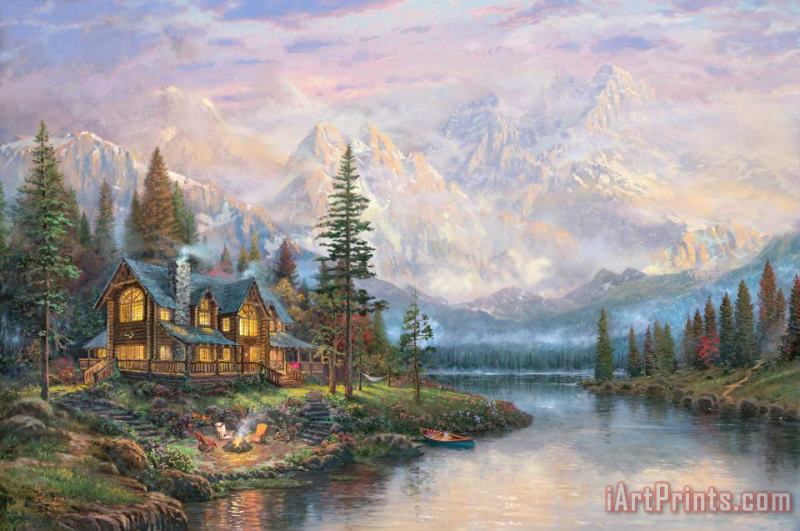 Cathedral Mountain Lodge painting - Thomas Kinkade Cathedral Mountain Lodge Art Print