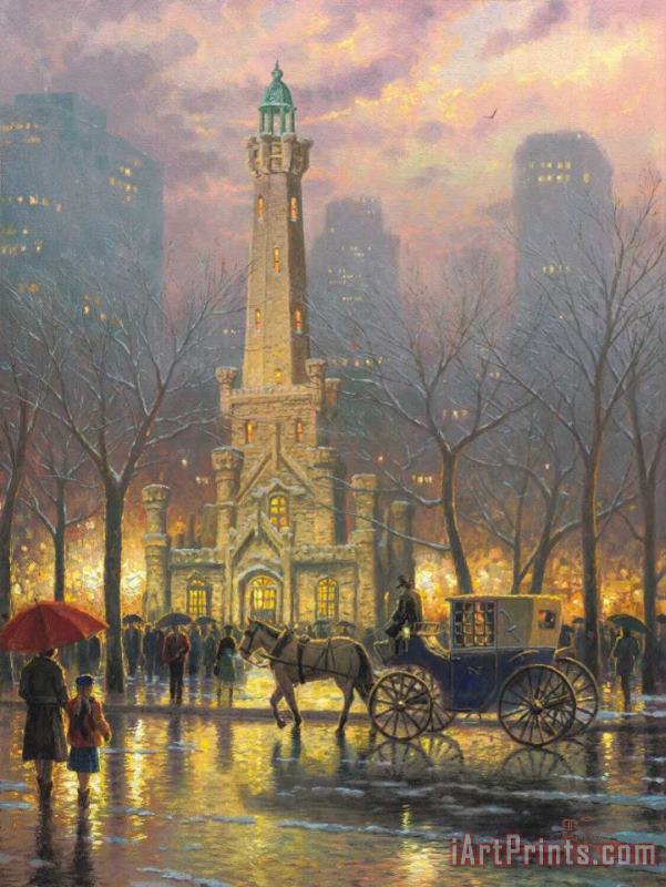 Thomas Kinkade Chicago, Winter at The Water Tower Art Print