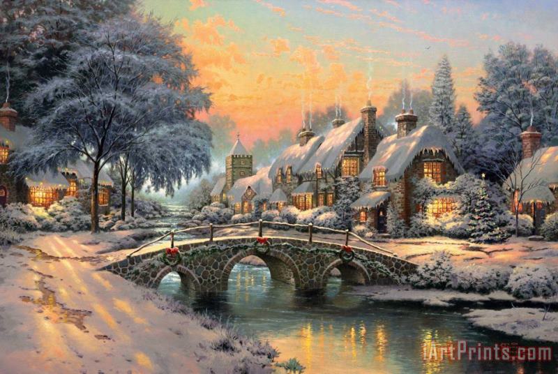 Cobblestone Christmas painting - Thomas Kinkade Cobblestone Christmas Art Print