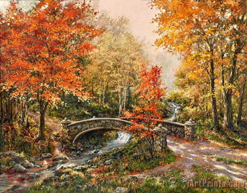 Fall at Fox Creek Bridge painting - Thomas Kinkade Fall at Fox Creek Bridge Art Print