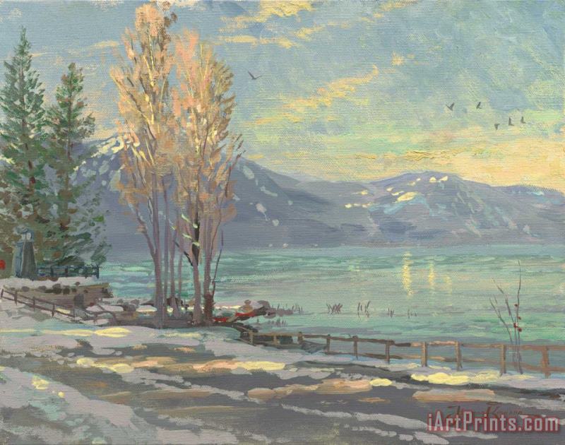 Lake Tahoe Shoreline, Winter painting - Thomas Kinkade Lake Tahoe Shoreline, Winter Art Print