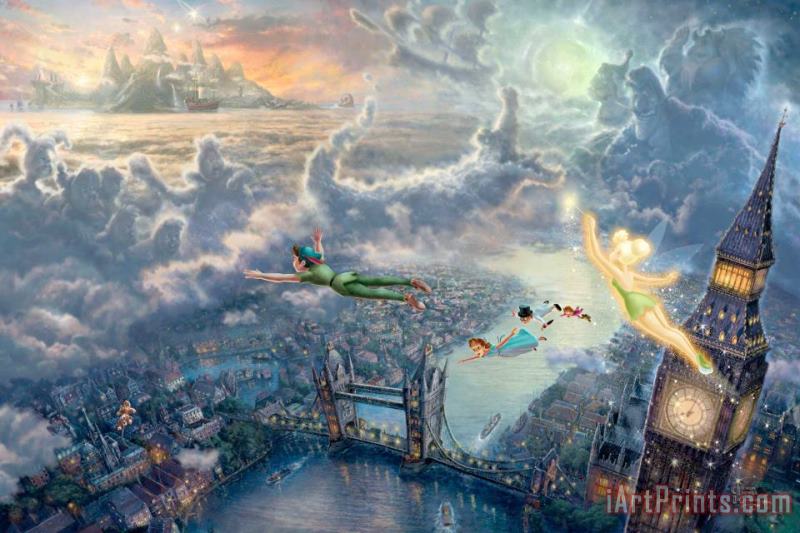 Tinker Bell And Peter Pan Fly to Neverland painting - Thomas Kinkade Tinker Bell And Peter Pan Fly to Neverland Art Print