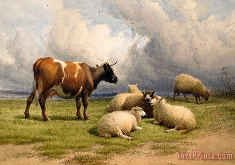 A Cow And Five Sheep painting - Thomas Sidney Cooper A Cow And Five Sheep Art Print