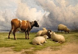 Thomas Sidney Cooper A Cow And Five Sheep