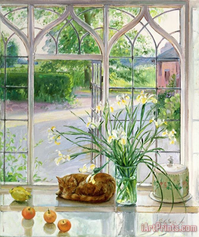 Irises And Sleeping Cat painting - Timothy Easton Irises And Sleeping Cat Art Print