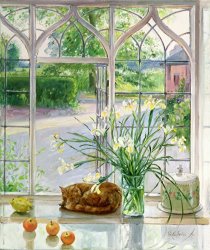 Timothy Easton Irises And Sleeping Cat painting Timothy Easton Irises And Sleeping Cat painting